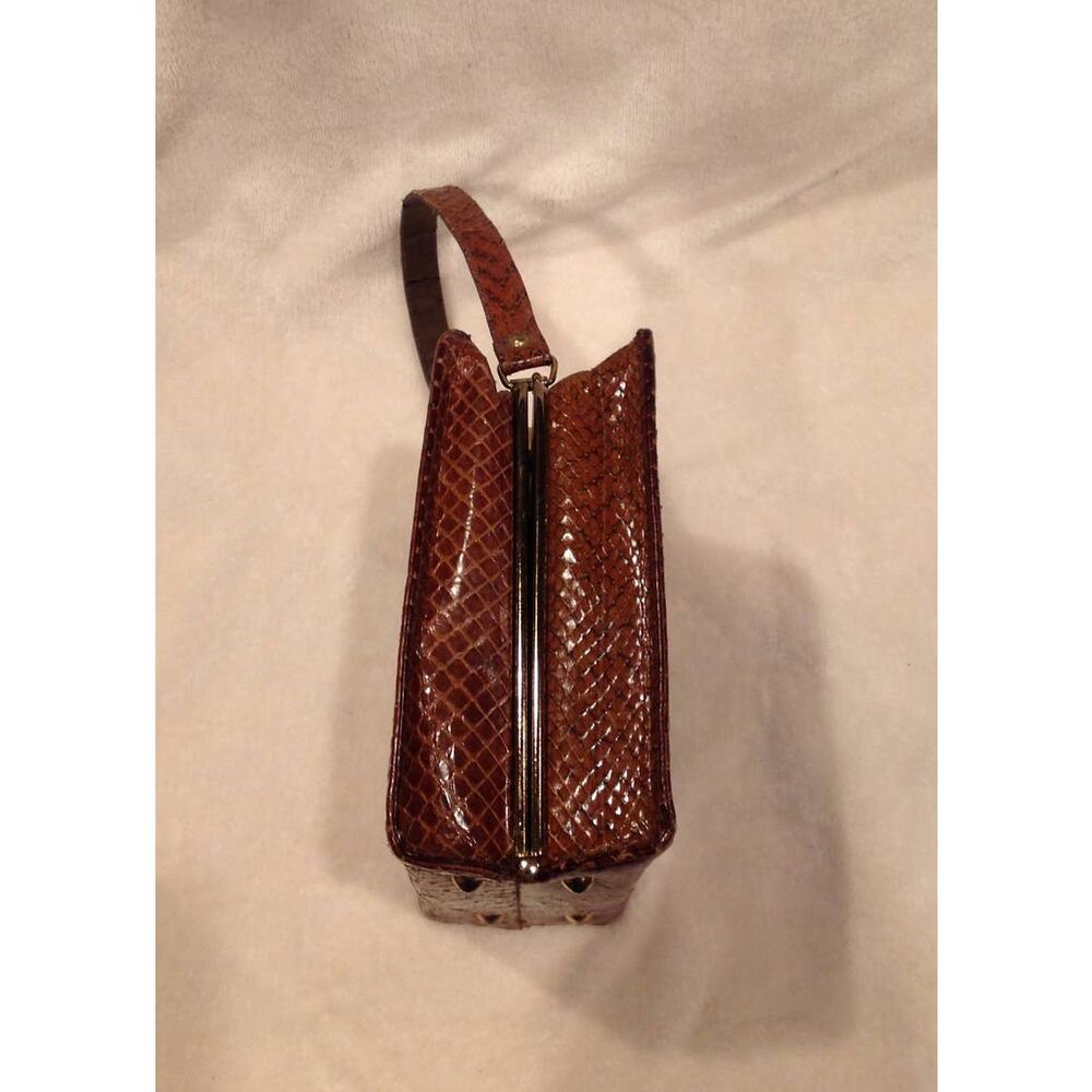 Vintage Brown Snake Print Handbag with Gold Accents Square Top Handle Purse - Picture 13 of 14